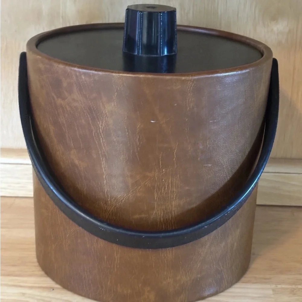 Vintage Irvinware Brown Tooled Faux Leather Ice Bucket Barware